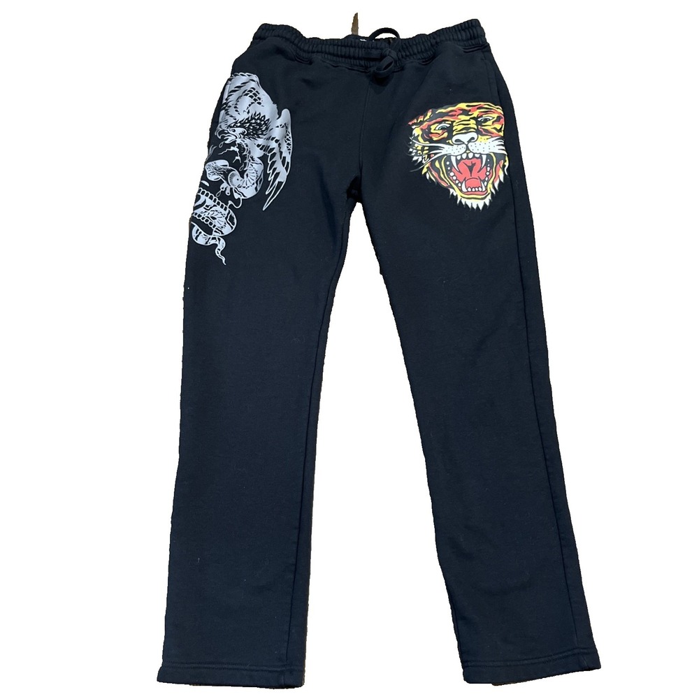 Ed by Ed Hardy Tiger Eagle Black Sweatpants Mens M Graphic Y2K 2000s Style Booty